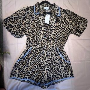 AnnieWear Leopard Print Romper XL Blue Trim NWT Western Rodeo Outfit